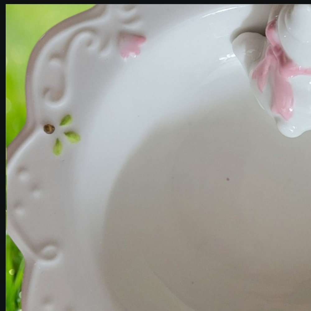 Porcelain Bunny Trinket Dish Colored Accents With Glitter Eggs 7" Width - Picture 8 of 11